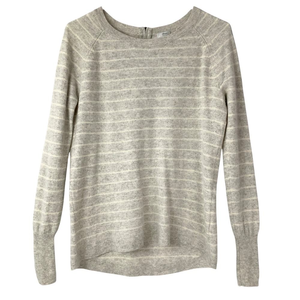 Halogen Gray Cream Striped Cashmere Sweater M Crew Neck Raglan Back Zip Detail